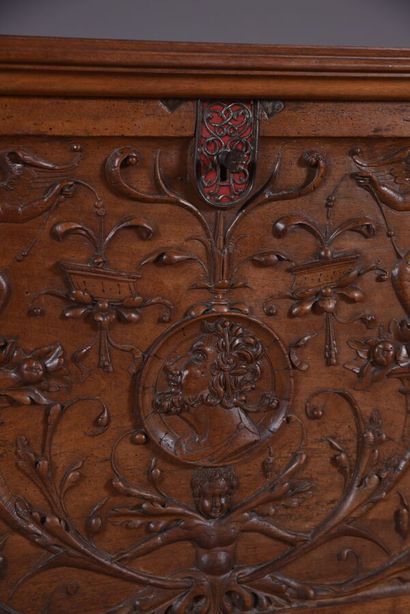 null Renaissance walnut chest, carved in low relief with grotesques animated with...