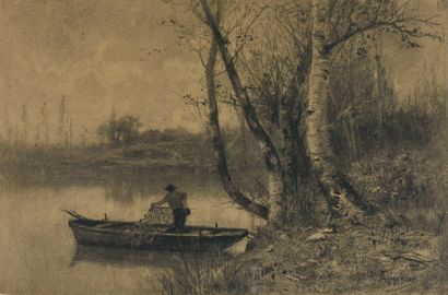null Adolphe APPIAN (1818-1898).
Pêcheur au filet sur un étang en Dombes.
Fusain...