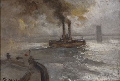 null Charles LACOUR (1861-1941).
Le bateau à vapeur sur le Rhône.
Huile sur toile.
Signé...