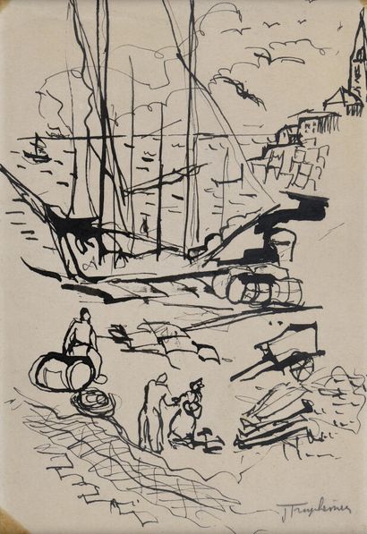 null Jacques TRUPHEMUS (1922-2017).
Scene of port.
Ink on paper.
Signed lower right.
Sight...