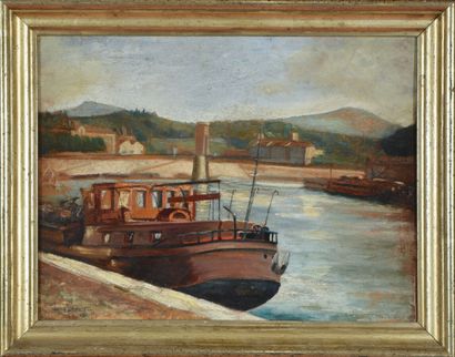null Modern school of the first half of the XXth century. 
Boats on the Saône. 
Oil...