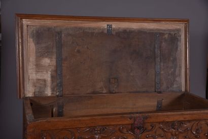 null Renaissance walnut chest, carved in low relief with grotesques animated with...