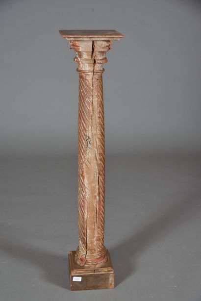 null Column in carved wood, gilded, polychrome, Corinthian capital, shaft with twisted...