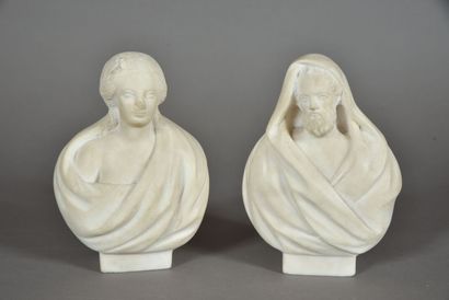 null Paire de bustes à l'Antique, sculptures en marbre dans le style romain. 
XIXème...