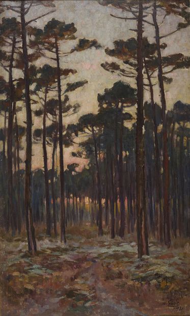 null Marius GUEIT (1877-1956).
Lumière dorée entre les pins, 1931.
Huile sur carton.
Signé...