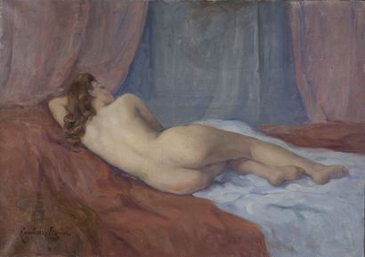 null Léonie HUMBERT-VIGNOT (1878-1960).
Odalisque nue couchée de dos.
Huile sur toile.
Signé...