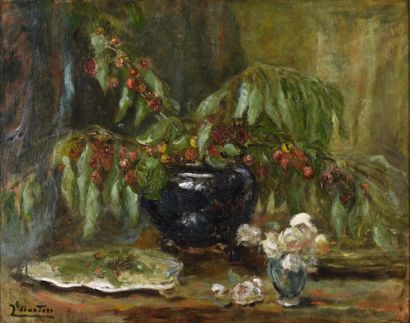 null Jacques MARTIN (1844-1919).
Branches de cerisier en fruits dans un pot bleu.
Huile...