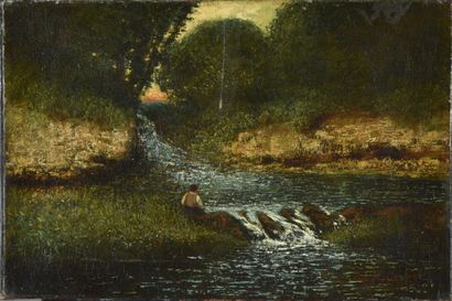  École française, entourage de Gustave Courbet (XIXème siècle).
Pêcheur au bord de... Gazette Drouot