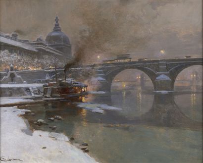 null Charles Lacour (1861-1941).
Le pont de la Guillotière et l'Hôtel-Dieu, en hiver,...