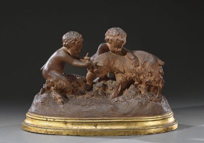 null Guiseppe d'Aste (1881-1945).
Child and faun playing with a goat, group in patinated...