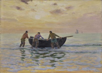 null Charles Roussel (1861-1936).
Le départ pour la pêche.
Huile sur toile.
Signé...