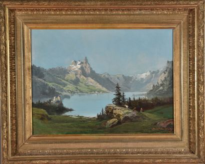Théodore LEVIGNE (1848-1912).
Lac en montagne.
Huile...