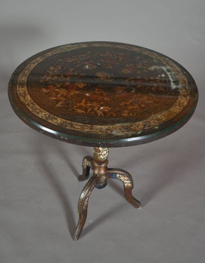 null Wooden pedestal table with a circular top, rising to a shaft on a tripod foot,...