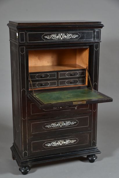 null Straight secretary in blackened wood inlaid with nets, foliage and characters,...