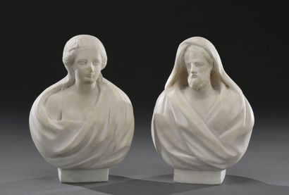 null Paire de bustes à l'Antique, sculptures en marbre dans le style romain. 
XIXème...