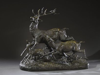 null C. MASSON, (1838-1913), after, family of deer in patinated bronze on a leafy...