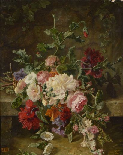 null Jean-Pierre LAYS (1825-1887).
Jeté de roses et pavots sur un entablement.
Huile...