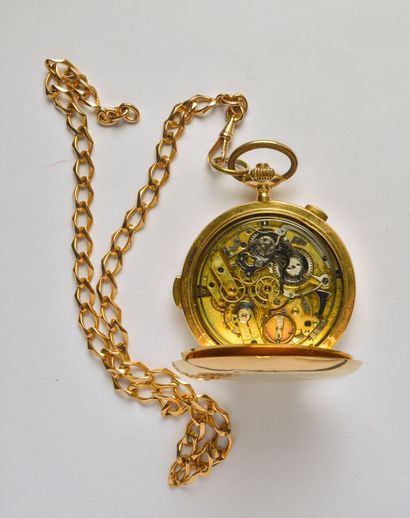 null 18K (750/oo) yellow gold single push-button chronograph pocket watch with quarter...