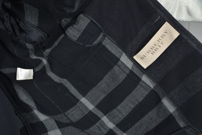 null BURBERRY. Charcoal wool and cotton tartan pea jacket, black, notched collar,...