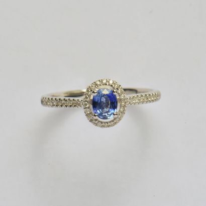null 18K (750/oo) white gold ring centered on an oval sapphire, the surround and...