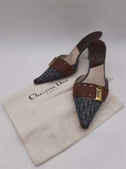 null DIOR par Galliano, Paire de mules à bout pointu en toile denim jacquard signee...