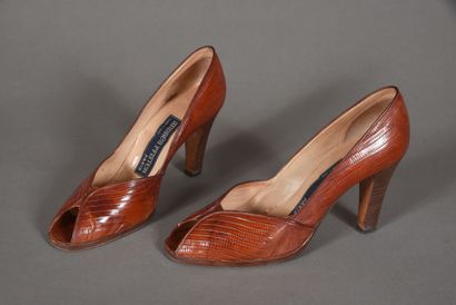 null ANDREA PFISTER. Pair of cognac reptile leather pumps with open toe, 8cm heel....