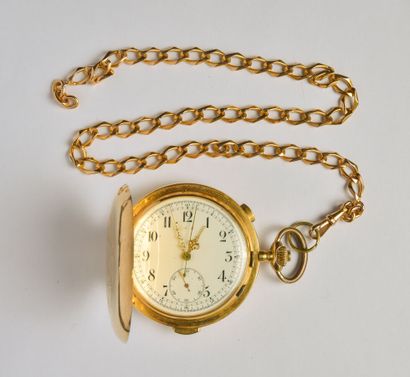 null 18K (750/oo) yellow gold single push-button chronograph pocket watch with quarter...