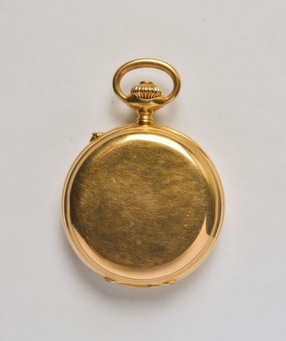 null *18K (750/oo) yellow gold pocket watch, round dial with white background, black...