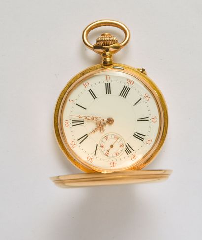 null *18K (750/oo) yellow gold pocket watch, round dial with white background, black...