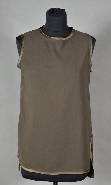 null PAROSH.khaki polyester crepe tank top with clear satin edges, slit on both sides....