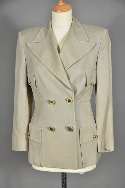 null Gianni Versace. Blazer jacket in gray/beige silk, large notched collar, double...