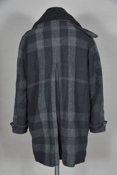 null BURBERRY. Charcoal wool and cotton tartan pea jacket, black, notched collar,...