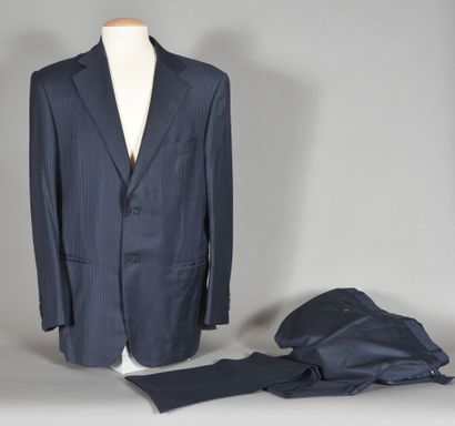 null ZILLI. Men's 200s wool suit with double tennis stripes on a navy background,...
