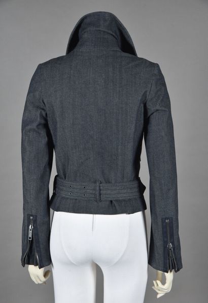 null BURBERRY. Raw denim jacket, collar on visible zipper, asymmetrical left under...
