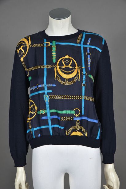 null LAUREL. Dark navy wool sweater, silk front printed with turquoise, blue, green,...