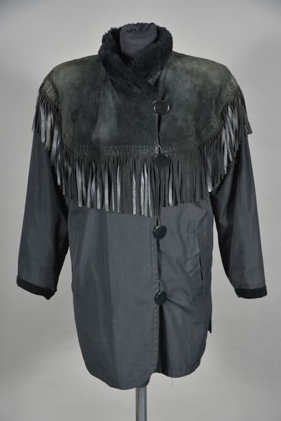 null Yves Saint Laurent furs. Black canvas and suede pea jacket with fringed edges,...