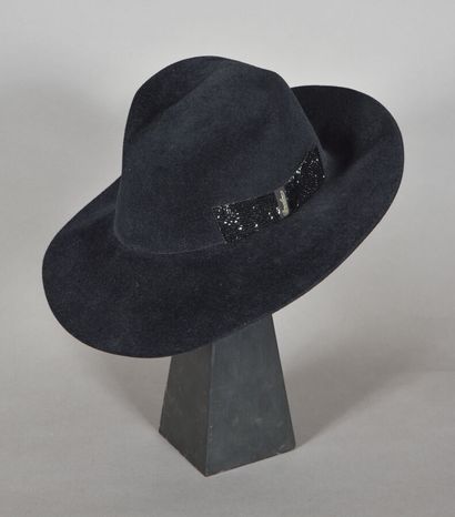 null BORSALINO. Black felt hat with a black Swarovski rhinestone bow on the left...