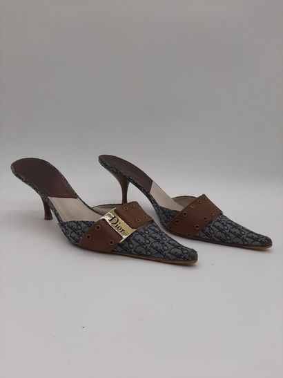 null DIOR by Galliano, Pair of denim jacquard canvas pointy toe mules signed on the...