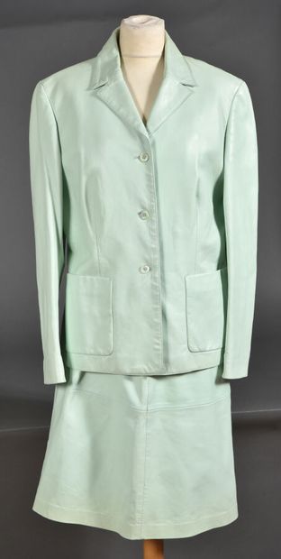 null ESCADA Sport. Water green leather skirt suit, jacket with notched collar, single...