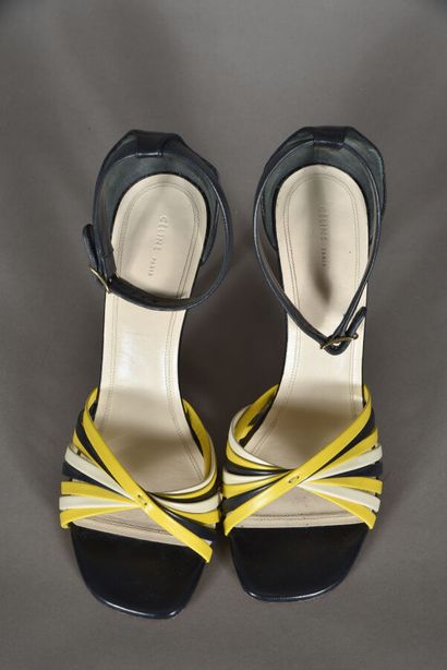 null CELINE - Paire d'escarpins nu pieds à bandes de cuir jaune, noir, blanc helicoïdale...