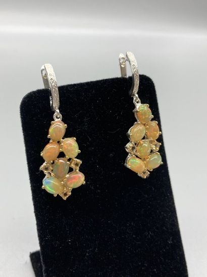 null Pair of silver earrings (925/oo) partially vermeiled forming clusters of opal...