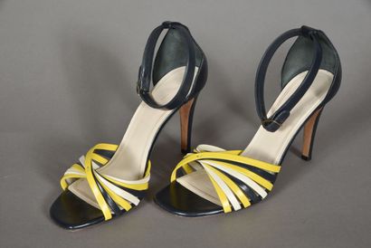 null CELINE - Pair of barefoot pumps with yellow, black and white helicoidal leather...