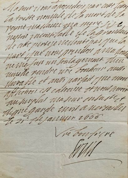 null LOUIS XIV, king of France.
Letter signed (autograph signature) to "my sister"....
