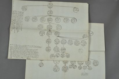 null GENEALOGY. 2 handwritten family trees, 31 x 41 cm. Rouen, November 22, 1822.
Genealogical...