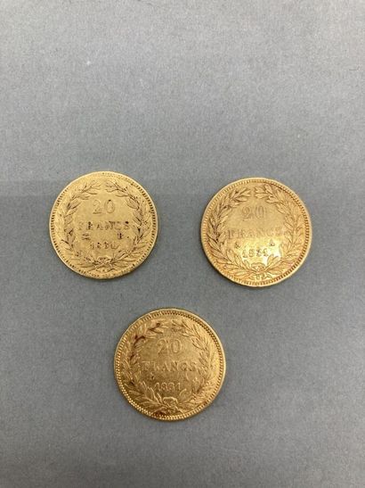 null FRANCE 	LOUIS PHILIPPE I: 3 pieces de 20 francs Tête nue : 2 pieces de 1831...
