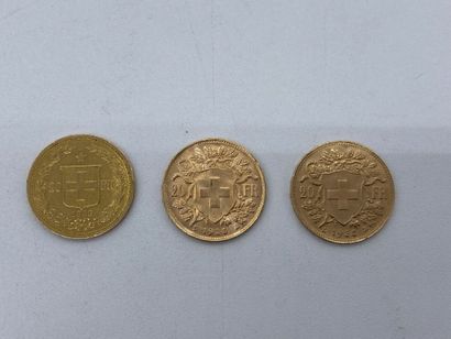 null Trois pièces de 20 francs Suisse en OR (1883-1935-1938). 
Poids : 19.3 gr 
LOT...