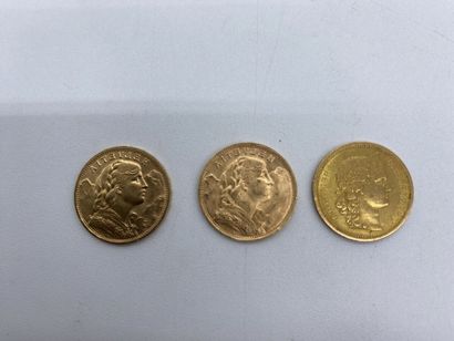 Trois pièces de 20 francs Suisse en OR (1883-1935-1938)....