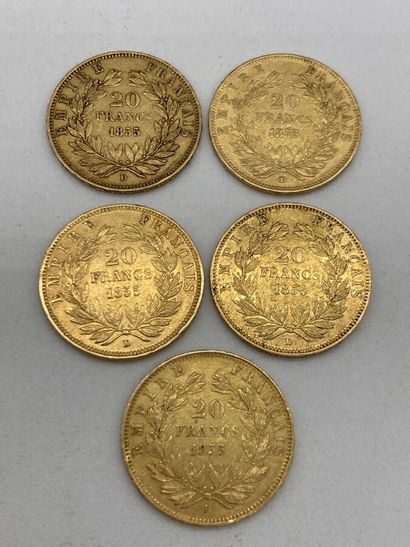 null Cinq pièces 20 francs or Napoléon III 1855. 
LOT VENDU SUR DESIGNATION, NON...