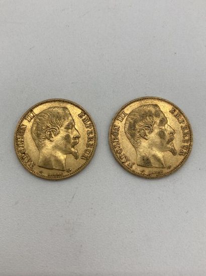 null Deux pièces de 20 francs or Napoléon III tête nue 1858. 
LOT VENDU SUR DESIGNATION,...