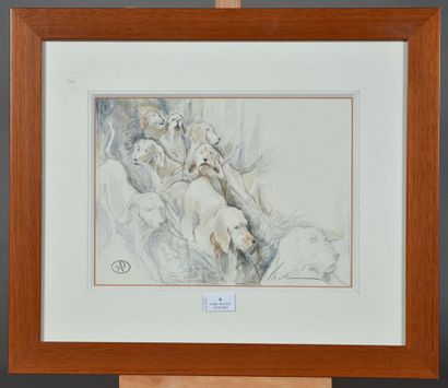 null CHASSE. Aquarelle de Blaise PRUD'HON représentant une meute de chiens de chasse,...